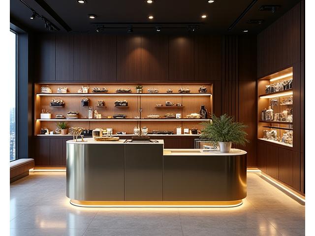 고급스러운 금속 카운터와 디스플레이 랙이 있는 상업 공간