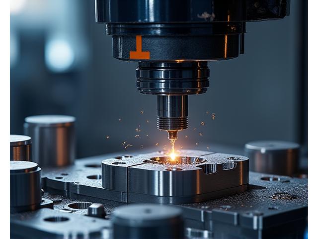 최첨단 5축 머시닝센터로 복잡한 금속 부품을 가공하는 모습